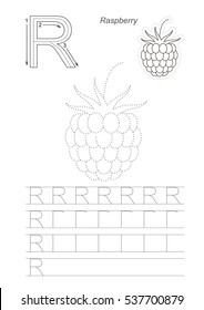 Vector illustrated worksheet to preschool children learn handwriting. Page to be traced for gaming and education with easy educational kid game level. Tracing worksheet for letter R. Raspberry.