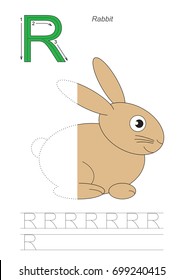 Vector illustrated worksheet to preschool children learn handwriting, the page to be traced for gaming and education with easy gaming level, the tracing task for letter R, the Rabbit