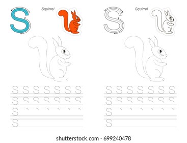 Vector illustrated worksheet to preschool children learn handwriting, the page to be traced for gaming and education with easy gaming level, the tracing task for letter S, Squirrel