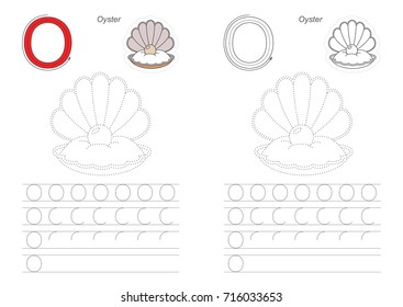 Vector illustrated worksheet to preschool children learn handwriting, the page to be traced for game and education with easy gaming level, the tracing task for letter O. The Oyster.