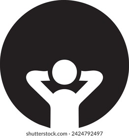 The vector illustrates the silhouette of a relaxed individual leaning back with hands behind the head, set against a circular backdrop that could represent the sun or full moon.