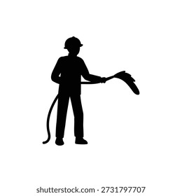 Vector illustratiion, Firefighters work. Silhouette sign of firefighter in protective suit holding fire hose and quelling blaze. 