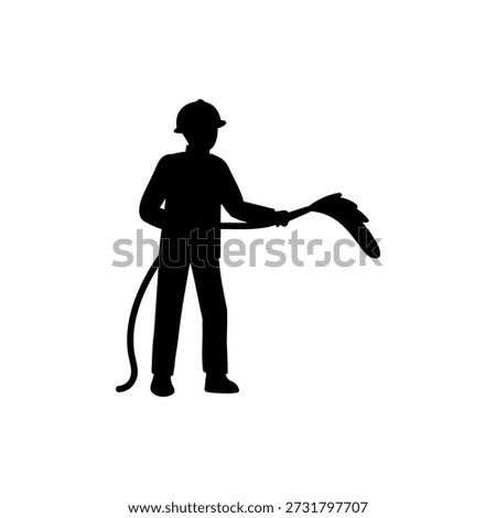 Vector illustratiion, Firefighters work. Silhouette sign of firefighter in protective suit holding fire hose and quelling blaze. 