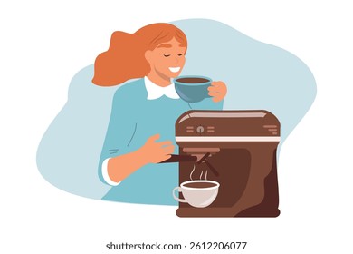 vector illustratiion in flat style. girl drinks coffee