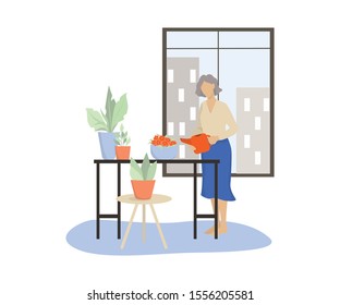 Vector illustratiion of an old woman wattering her home garden. Old female character look after plants. Retired lifestyle concept.