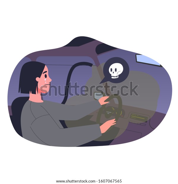 Vector illustratiion of sad woman think about\
suicide by vehicle exhaust gas intoxication. Depressed person with\
suicidal thoughts.