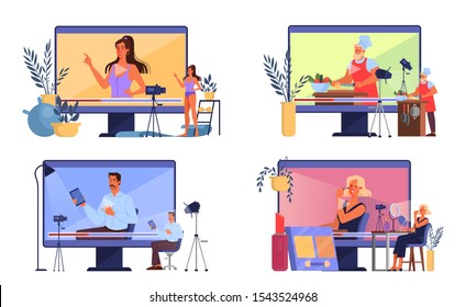 Vector illustratiion of video blogging concept. Idea of creativity and making content, modern profession. Characters recording video with cameras for their blog.