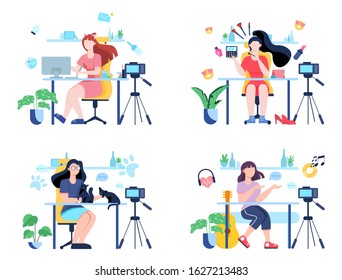 Vector illustratiion of video blogging concept. Idea of creativity and making content, modern profession. Characters recording video with cameras for their blog.