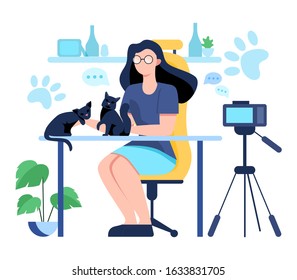 Vector illustratiion of video blogging concept. Idea of creativity and making content, modern profession. Character recording video with camera for their blog.