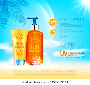 Vector illustratin. 3d bottles  with sun protection cosmetic products. Sunblock cream and tanning oil spray bottle. Template, for magazine or ad,brochure, flyer, banner