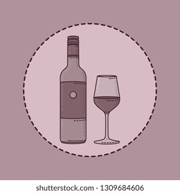 Vector Illustratin with Bottle and Wine Glass Modern Line Art Style