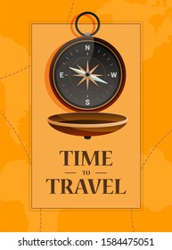 Vector illustratin with compass and text "Time to travel" suitable for posters, banners, cards, illustrations