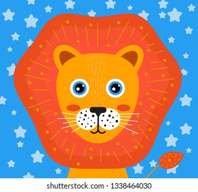 vector illustratin. Nursery face of lion. Print for baby, kids and child on blue background with stars.