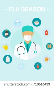 A vector illustrating a doctor who recommends certain things to fight flu and colds. Vector illustration.