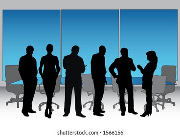 Vector illustrating executives and boardroom seating + table in the background. (all fully editable in illustrator)