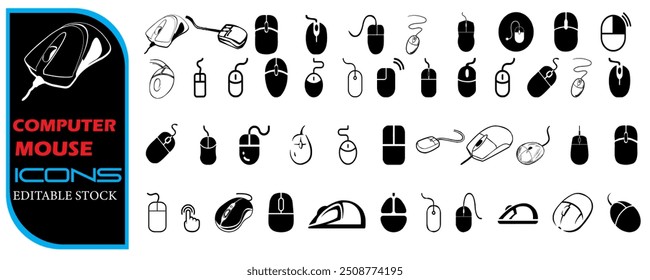 Um vetor que ilustra um mouse. Em um fundo branco, um grupo de ícones de mouse do computador. Ícone de vetor para um mouse de computador