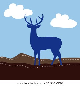 Vector illustratio of a deer with blue sky and clouds, mountains