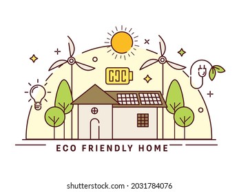 Ilustración Vectorial De Casa Ecológica Con Molino De Vaso, Bombilla, Árbol Y Sol En Fondo Blanco.