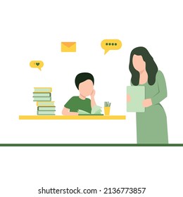 vector illustratio of private teacher concept. Female teacher and boy studying. Concept illustration for school, education. Flat style for website, banner, and flyer
