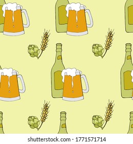 vector illustratio seamless pattern green glass bottles and beer mug,wheat spikelet and hop cone