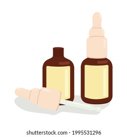 Ilustración vectorial de dos botellas séricas y un cuentagotas. Producto cosmético plano - botella de vidrio de suero de la piel. Belleza, conceptos de productos para el cuidado de la piel.