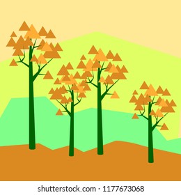 Vector illustratiom geometric landscape with maple trees orange on yellow with trangle leafes  maple trees in flat geometric style landcape with geometric orange maple trees