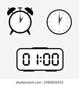 vector illustration of 1 o'clock, timer and 1 o'clock alarm