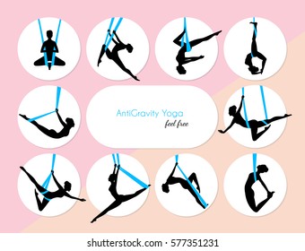 Vector illustration of 10 Anti-Gravity yoga girls