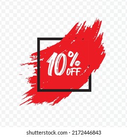 Vector illustration of 10 % Off discount tag with brush effect on red color and transparent background (PNG).