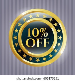 Vector Illustration of 10% Off gold badge in green color
