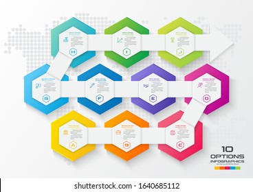Vector illustration with 10 options,Template for graphs and diagrams,Hexagon and arrow infographic.