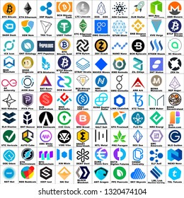 Vector illustration with 100 icons of main cryptocurrency.