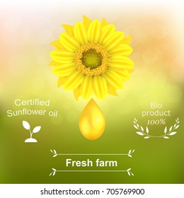 Vector illustration of a 100% natural certified sunflower oil background. Ready objects, elements with agriculture theme for your flyer, banner, infographics, poster, advertisement, greeting card. 