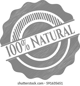 Vector illustration of 100% Natural emblem with pencil effect in black color
