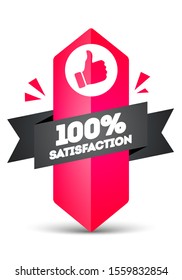 Vector Illustration 100 Percent Satisfaction Label. Modern Web Banner Element With Ribbon And Thumbs Up Icon.