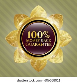 Ilustración vectorial de 100% Satisfacción garantía emblema de oro. Estilo de la flor dorada
