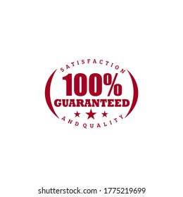 Vector illustration of 100% satisfaction and quality guaranteed rounded badge with simple typography and stars isolated on white background perfect for company stamp or identity 