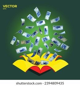 Vector illustration of A lot of 1000 Nigerian Naira notes coming out of an opened red gift box. money flying out of box, editable and scalable eps
