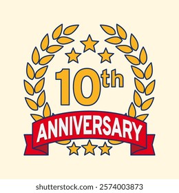 Vector illustration of 10th or 10 years anniversary logo featuring a laurel wreath, stars, and ribbon. Perfect for marking milestones, achievements, special events with an elegant and timeless design