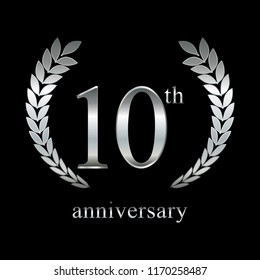 Vector illustration of 10th anniversary. Silver laurel wreath on a black background