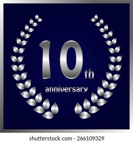 Vector illustration of 10th anniversary. Silver laurel wreath on a blue background. Silver frame.