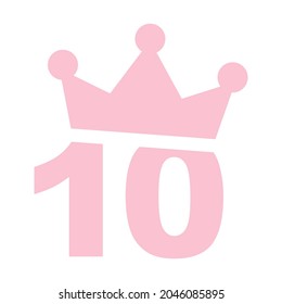 Vector illustration of 10th birthday party pink clip art icon - Number ten with a crown