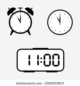 vector illustration of 11 o'clock, timer and 11 o'clock alarm