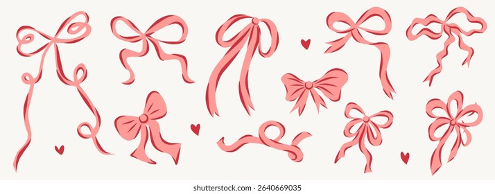 Vector Illustration of 11 pink girly vintage bow set. Y2k bow hair decor flat. Ribbons isolated. Trendy girls accessories. Cute hairstyle elements collection for valentine's day, Christmas, wedding.