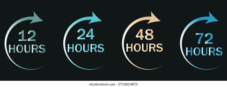 Ilustración vectorial 12, 24, 48, y 72 Hour Clock Icons. Icono de servicio de 24 y 48 horas sobre fondo blanco. Grandes relojes de línea de tiempo con flechas. 
