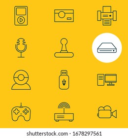 Vector illustration of 12 accessory icons line style. Editable set of mp3 player, web camera, video camera and other icon elements.