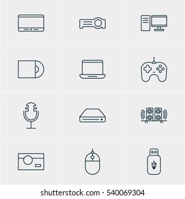 Vector Illustration Of 12 Accessory Icons. Editable Pack Of Floodlight, Usb Card, Joypad And Other Elements.