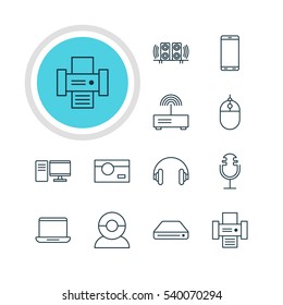 Vector Illustration Of 12 Accessory Icons. Editable Pack Of Headset, Photocopier, Photography And Other Elements.
