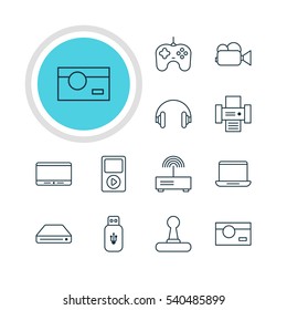 Vector Illustration Of 12 Accessory Icons. Editable Pack Of Memory Storage, Joypad, Camcorder And Other Elements.