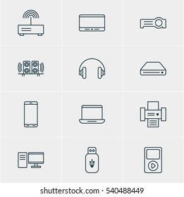 Vector Illustration Of 12 Accessory Icons. Editable Pack Of Monitor, Photocopier, Memory Storage And Other Elements.